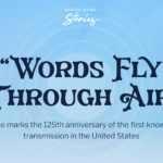 A light blue background radiates radio signals in the background with text in front that reads: Notre Dame Stories: "Words Fly Through Air:" Notre Dame marks the 125th anniversary of the first known wireless transmission in the United States